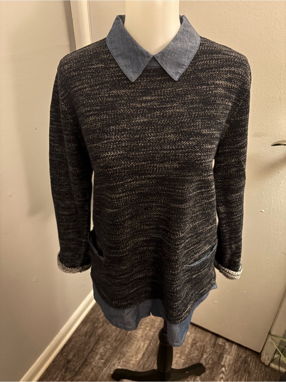 Ann Taylor Charcoal Marled Sweater with Blue Chambray Collar - Picture 6 of 13